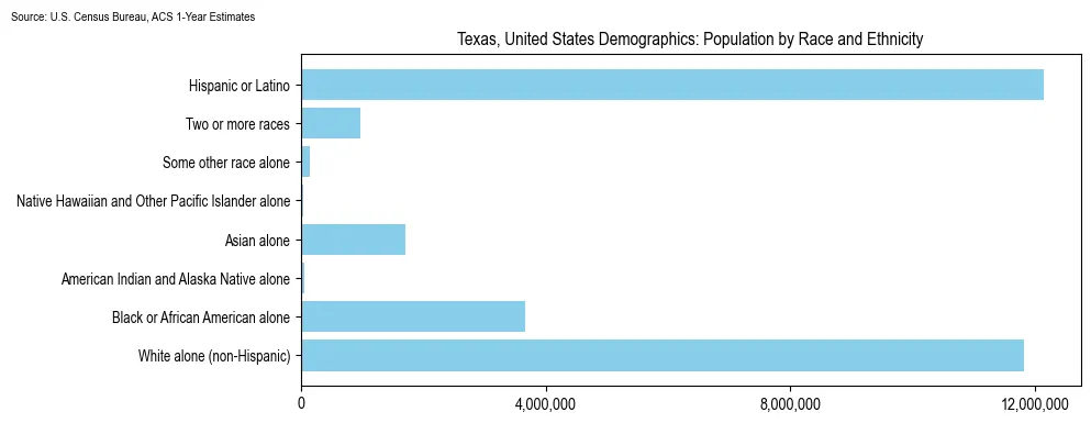 Population by race and ethnicity in Texas based on 2023 U.S. Census Bureau ACS data