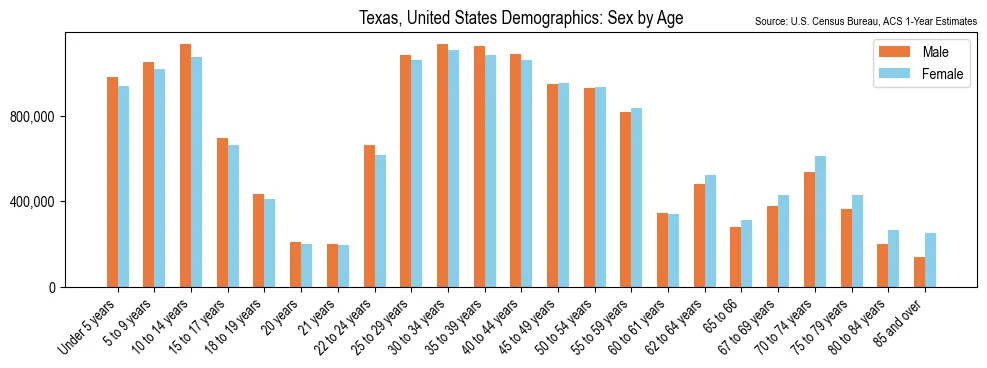 Population by age and sex in Texas, based on 2023 ACS data
