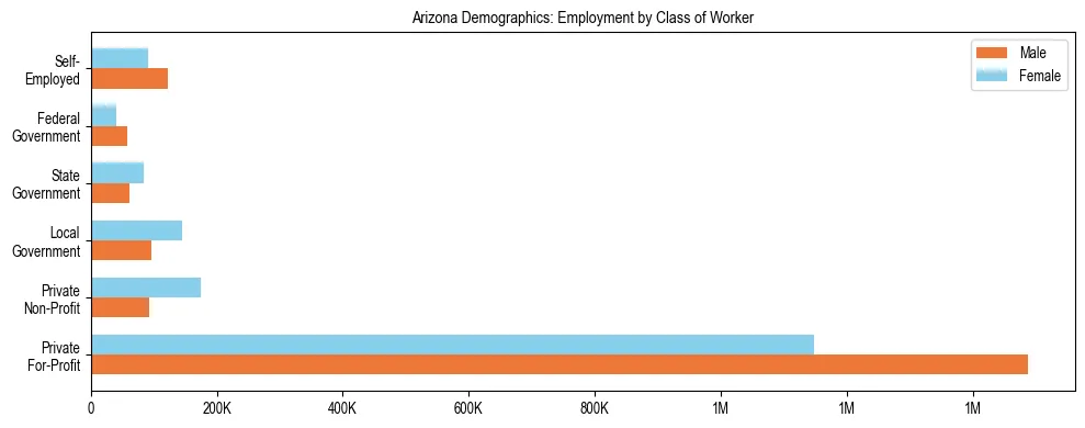 Horizontal bar chart showing employment distribution by class of worker and gender in Arizona, based on 2024 ACS data.