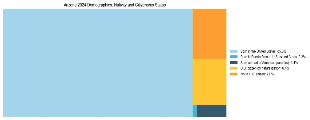 Treemap showing the population distribution by nativity and citizenship status in Arizona based on U.S. Census data.