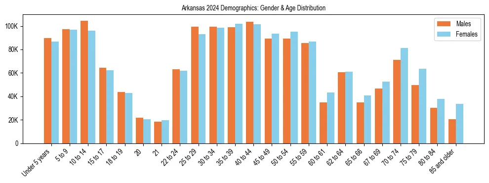 Bar chart showing the population distribution of Arkansas by age group and gender, based on 2024 ACS data.