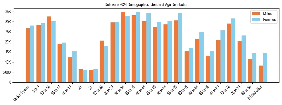 Bar chart showing the population distribution of Delaware by age group and gender, based on 2024 ACS data.