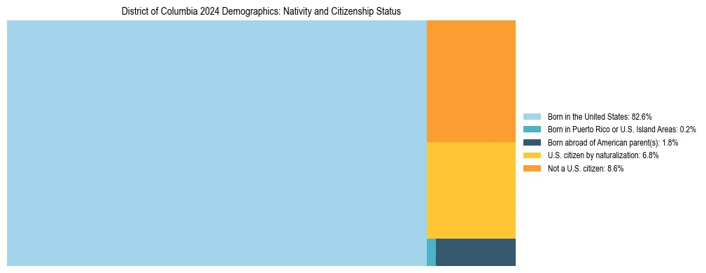 Treemap showing the population distribution by nativity and citizenship status in District of Columbia based on U.S. Census data.