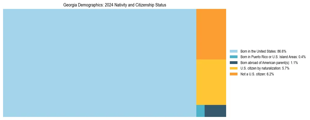 Treemap showing the population distribution by nativity and citizenship status in Georgia based on U.S. Census data.