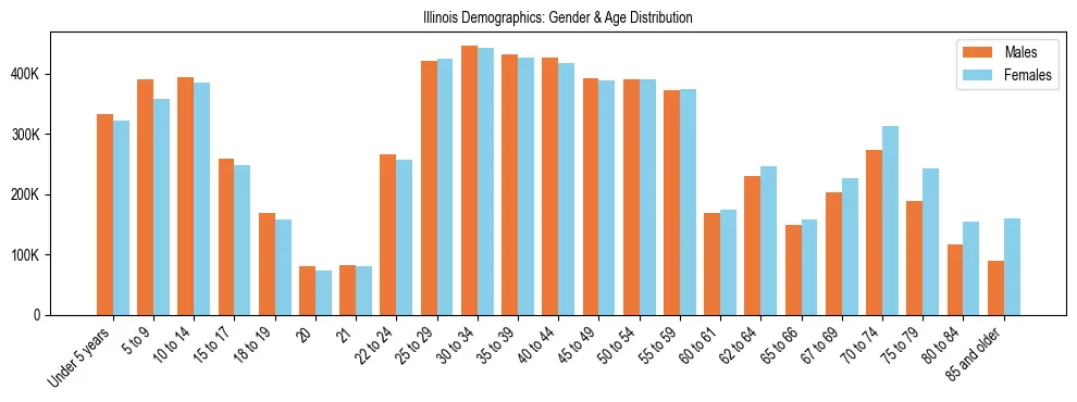 Bar chart showing the population distribution of Illinois by age group and gender, based on 2024 ACS data.