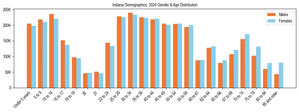 Bar chart showing the population distribution of Indiana by age group and gender, based on 2024 ACS data.