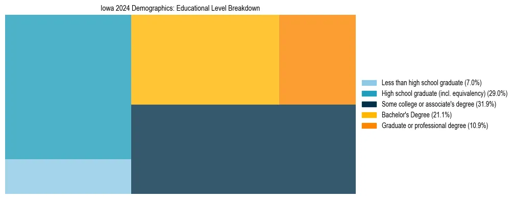 Treemap chart illustrating the educational attainment breakdown for population 25 years and over in Iowa.