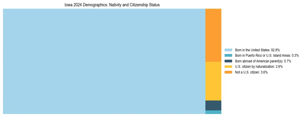 Treemap showing the population distribution by nativity and citizenship status in Iowa based on U.S. Census data.