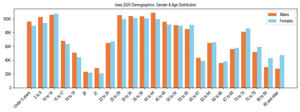 Bar chart showing the population distribution of Iowa by age group and gender, based on 2024 ACS data.