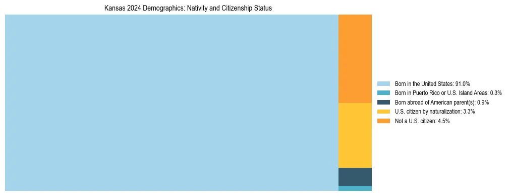 Treemap showing the population distribution by nativity and citizenship status in Kansas based on U.S. Census data.