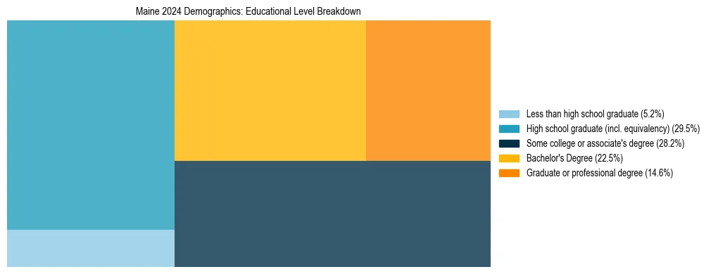 Treemap chart illustrating the educational attainment breakdown for population 25 years and over in Maine.