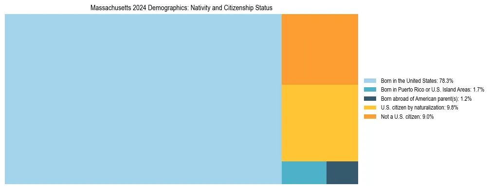 Treemap showing the population distribution by nativity and citizenship status in Massachusetts based on U.S. Census data.