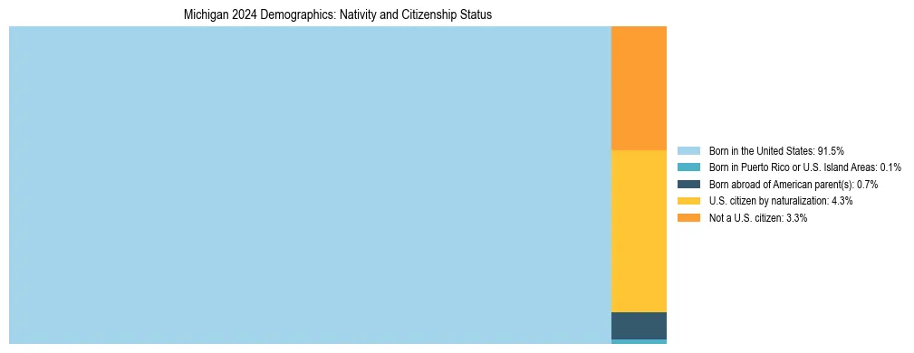 Treemap showing the population distribution by nativity and citizenship status in Michigan based on U.S. Census data.