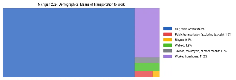 Treemap showing means of transportation to work distribution in Michigan.