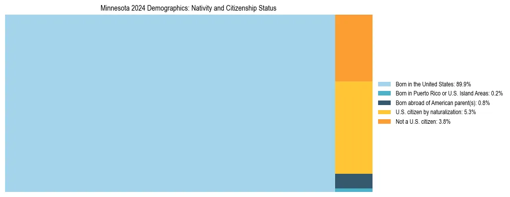 Treemap showing the population distribution by nativity and citizenship status in Minnesota based on U.S. Census data.