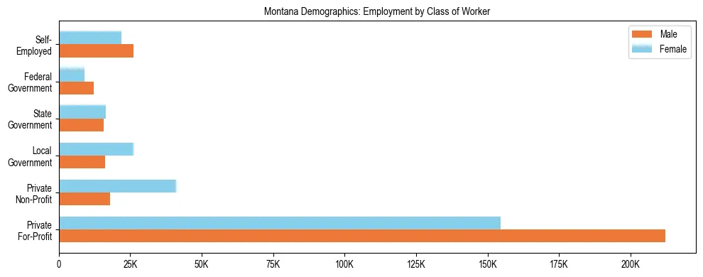 Horizontal bar chart showing employment distribution by class of worker and gender in Montana, based on 2024 ACS data.