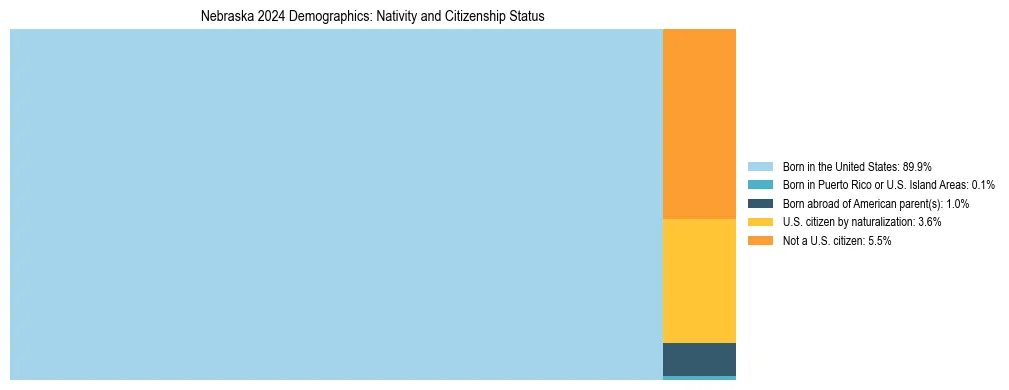 Treemap showing the population distribution by nativity and citizenship status in Nebraska based on U.S. Census data.