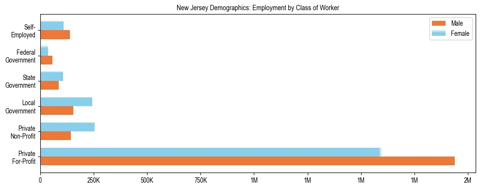 Horizontal bar chart showing employment distribution by class of worker and gender in New Jersey, based on 2024 ACS data.