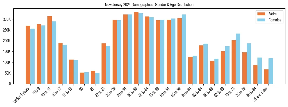 Bar chart showing the population distribution of New Jersey by age group and gender, based on 2024 ACS data.
