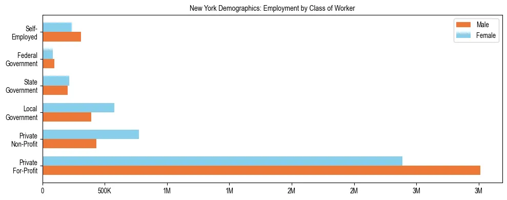 Horizontal bar chart showing employment distribution by class of worker and gender in New York, based on 2024 ACS data.