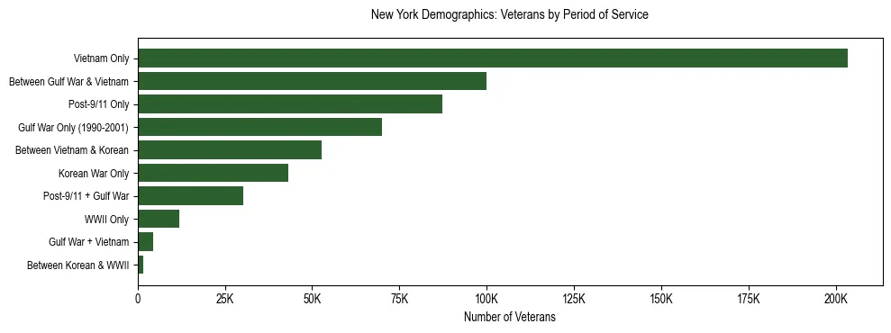Horizontal bar chart showing veteran distribution by period of military service in New York, based on 2024 ACS data.