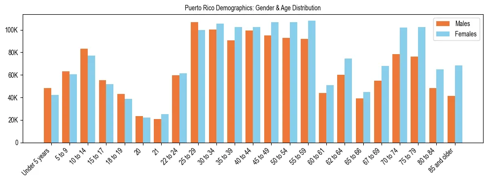 Bar chart showing the population distribution of Puerto Rico by age group and gender, based on 2024 ACS data.