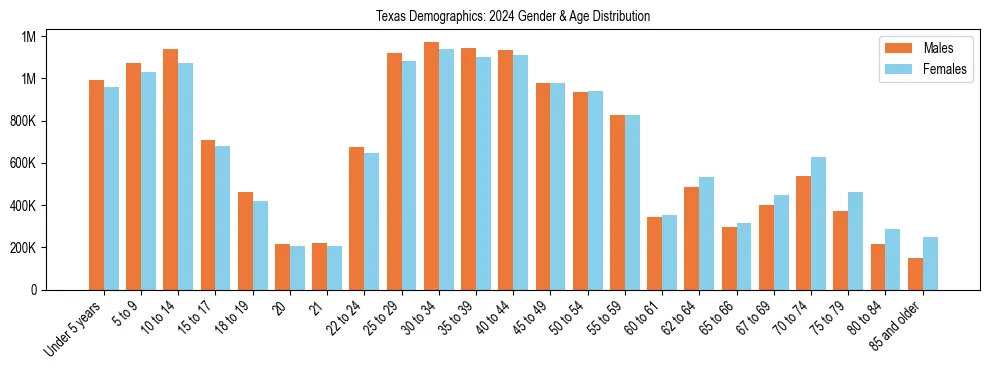 Bar chart showing the population distribution of Texas by age group and gender, based on 2024 ACS data.