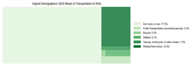 Treemap showing means of transportation to work distribution in Virginia.