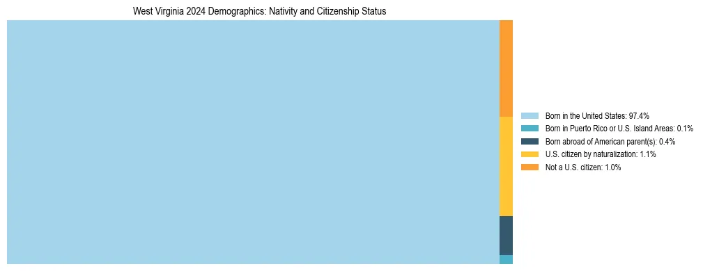 Treemap showing the population distribution by nativity and citizenship status in West Virginia based on U.S. Census data.