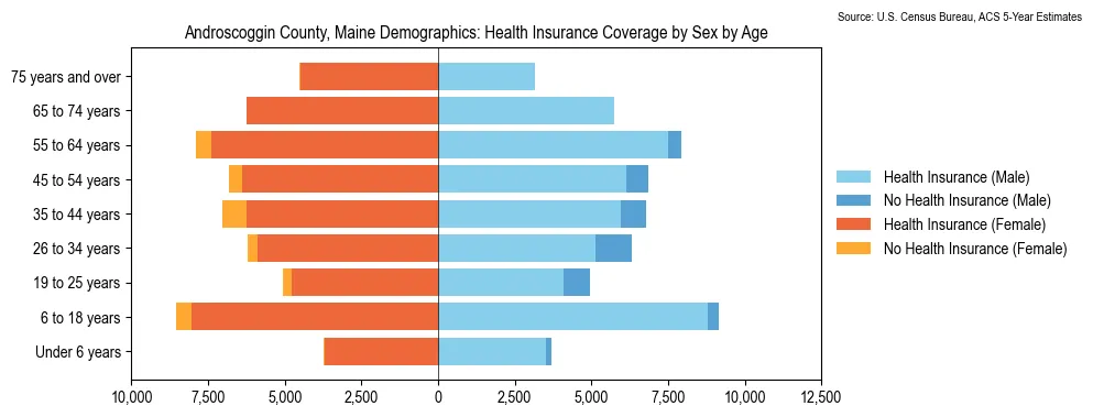 Health insurance coverage by age and sex in Androscoggin County, Maine from the 2023 ACS