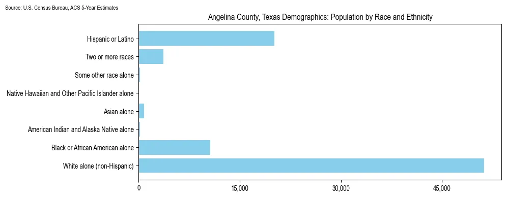 Population by race and ethnicity in Angelina County, Texas based on 2023 U.S. Census Bureau ACS data