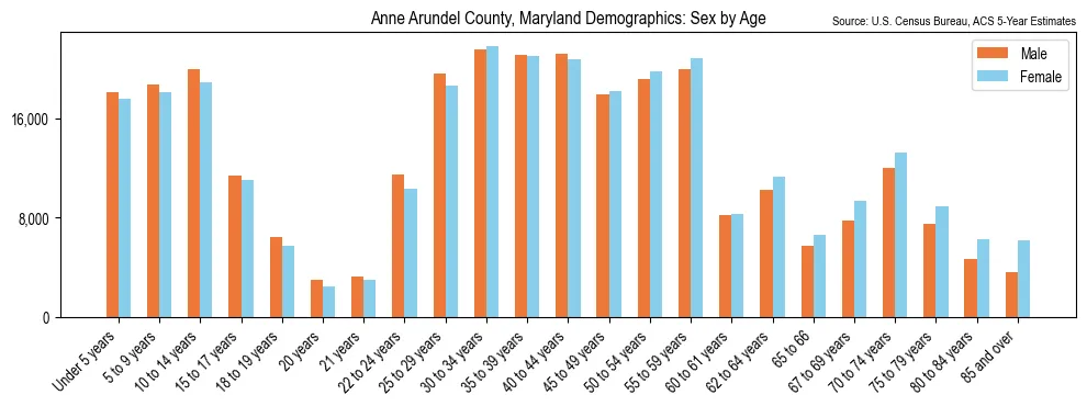 Population by age and sex in Anne Arundel County, Maryland, based on 2023 ACS data