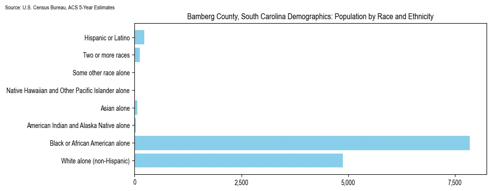 Population by race and ethnicity in Bamberg County, South Carolina based on 2023 U.S. Census Bureau ACS data