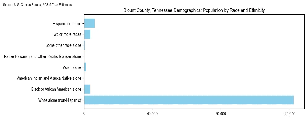 Population by race and ethnicity in Blount County, Tennessee based on 2023 U.S. Census Bureau ACS data