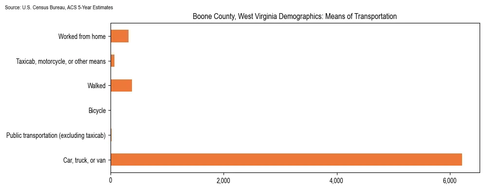 How people commute to work in Boone County, West Virginia based on 2023 U.S. Census Bureau ACS data on transportation methods
