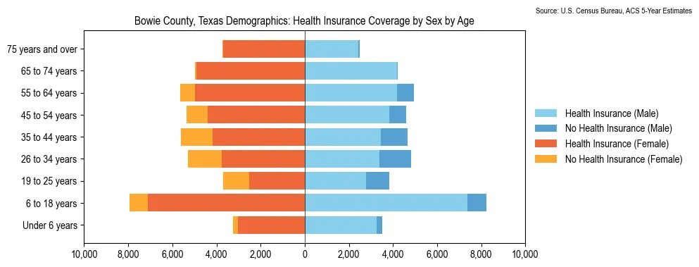 Health insurance coverage by age and sex in Bowie County, Texas from the 2023 ACS