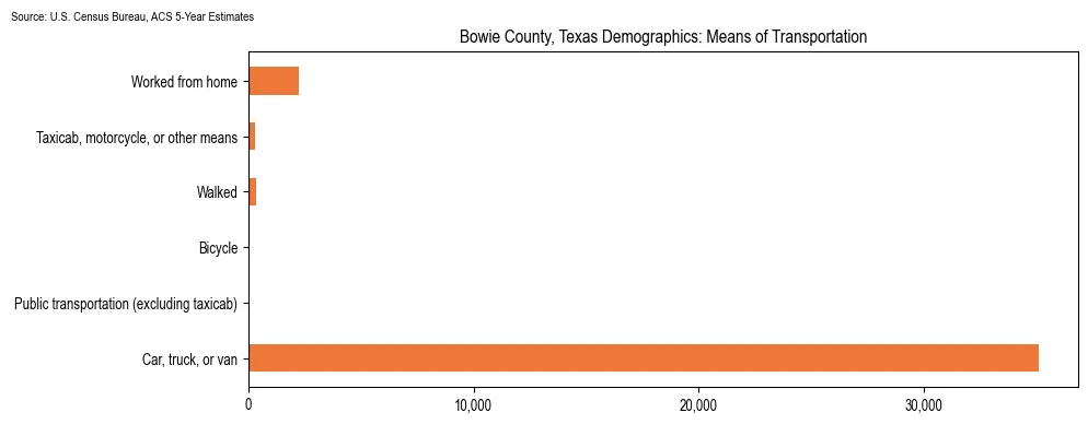 How people commute to work in Bowie County, Texas based on 2023 U.S. Census Bureau ACS data on transportation methods