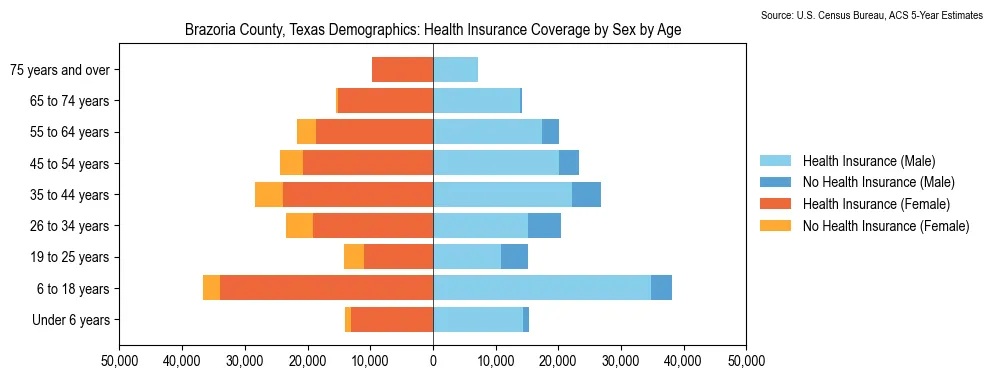 Health insurance coverage by age and sex in Brazoria County, Texas from the 2023 ACS