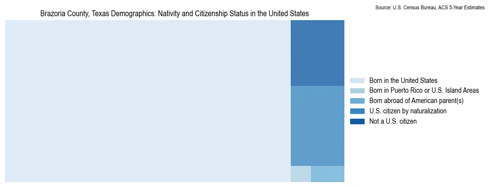 Chart showing the breakdown of U.S. citizenship status and nativity in 2023 for the Brazoria County, Texas, based on ACS 5-Year Estimates