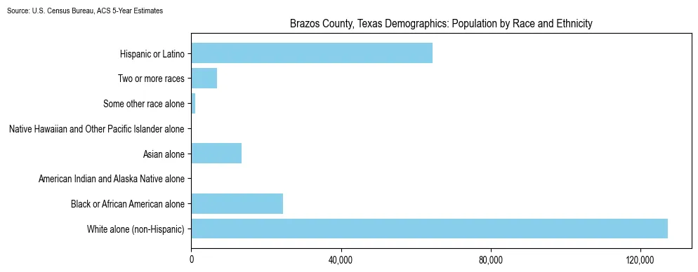 Population by race and ethnicity in Brazos County, Texas based on 2023 U.S. Census Bureau ACS data