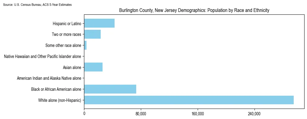 Population by race and ethnicity in Burlington County, New Jersey based on 2023 U.S. Census Bureau ACS data