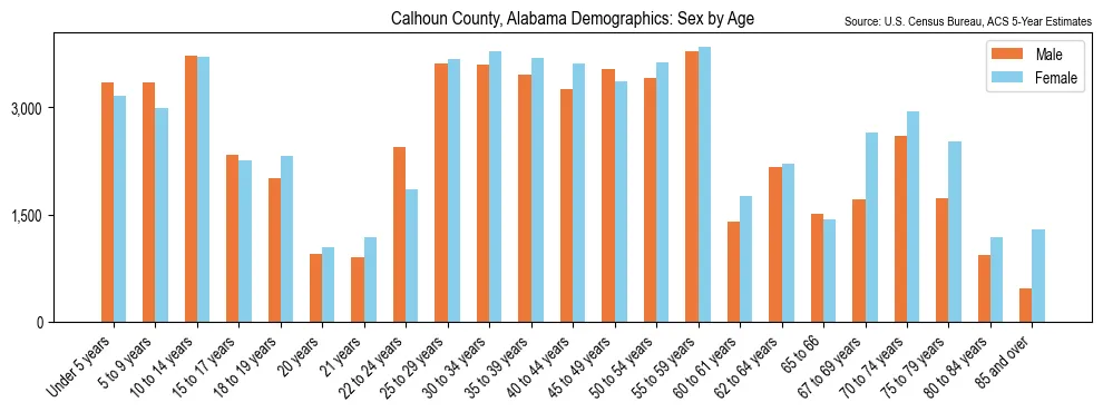 Population by age and sex in Calhoun County, Alabama, based on 2023 ACS data