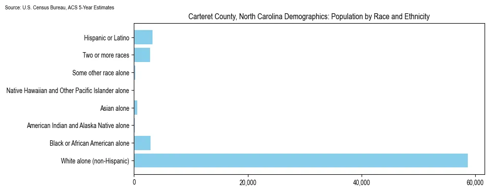 Population by race and ethnicity in Carteret County, North Carolina based on 2023 U.S. Census Bureau ACS data