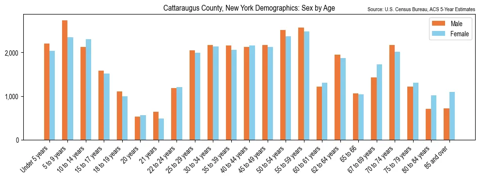 Population by age and sex in Cattaraugus County, New York, based on 2023 ACS data