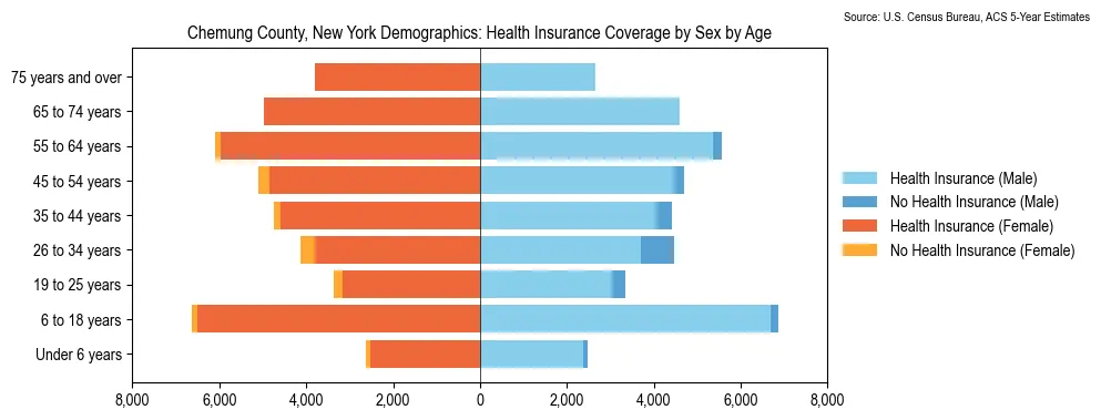 Health insurance coverage by age and sex in Chemung County, New York from the 2023 ACS