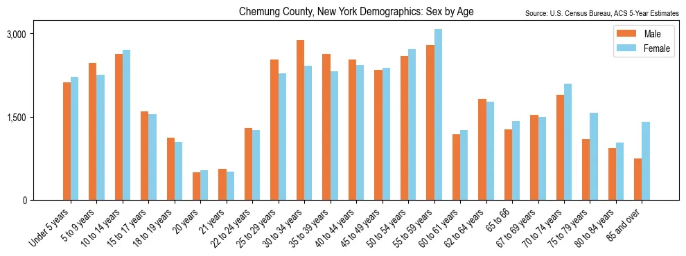 Population by age and sex in Chemung County, New York, based on 2023 ACS data