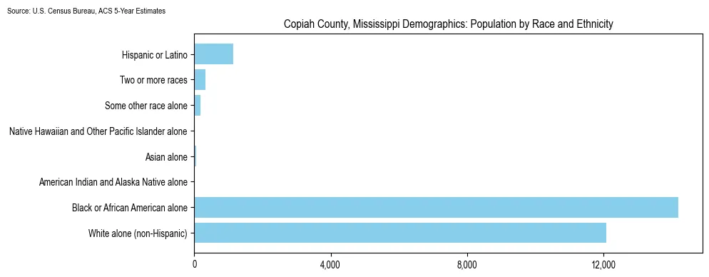 Population by race and ethnicity in Copiah County, Mississippi based on 2023 U.S. Census Bureau ACS data