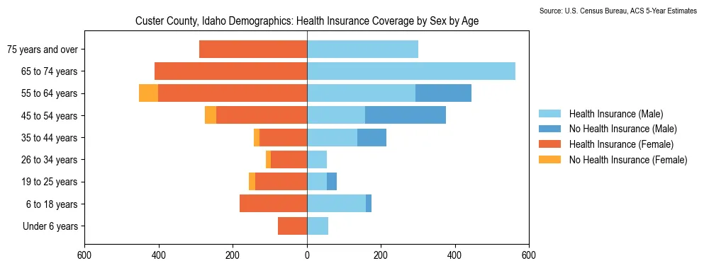 Health insurance coverage by age and sex in Custer County, Idaho from the 2023 ACS
