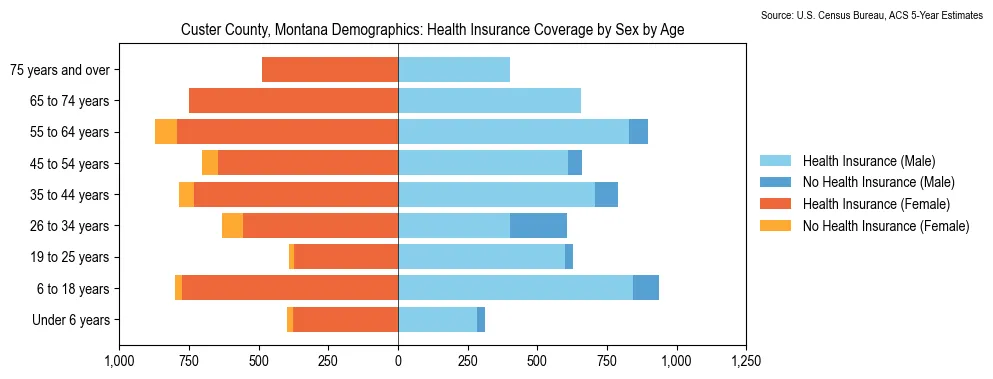 Health insurance coverage by age and sex in Custer County, Montana from the 2023 ACS