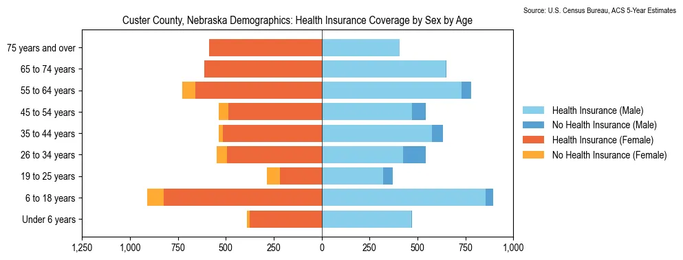 Health insurance coverage by age and sex in Custer County, Nebraska from the 2023 ACS